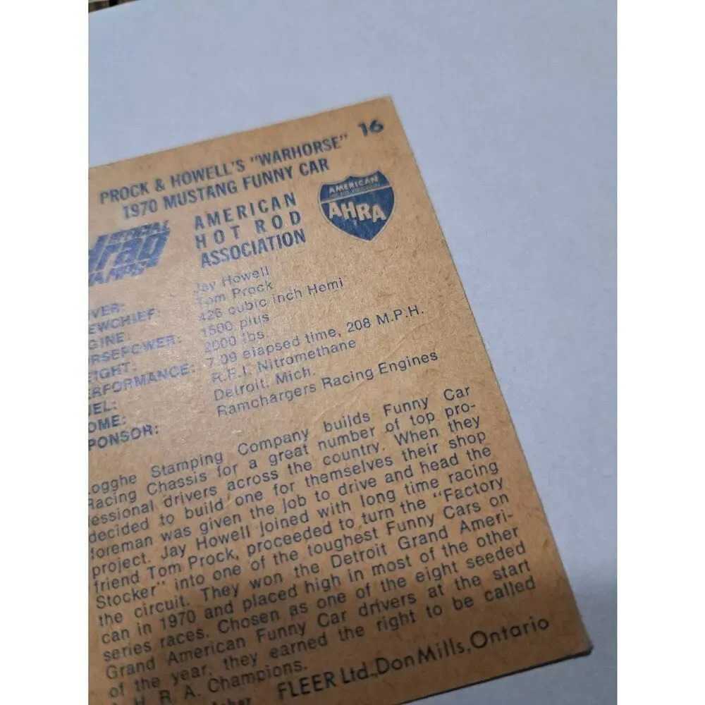 Vintage 1971 Fleer Prock Howell Warhorse Mustang Funny Car Trading Card #16